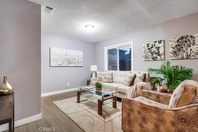living room featuring baseboards, wood finished floors, and a textured ceiling