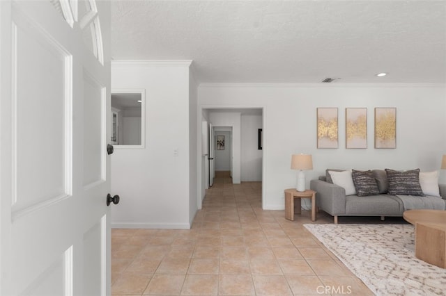 1710 Plaza Del Norte, Newport Beach, CA 92661 - living area with crown molding, a textured ceiling, recessed lighting, and light tile patterned flooring