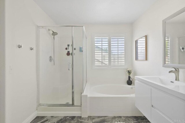 1444 Wooden Valley St, Chula Vista, CA 91913 - bathroom with a shower stall, a garden tub, vanity, and marble finish flooring