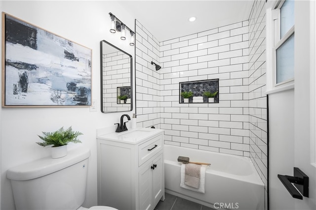 6131 Chickasaw Dr, Westminster, CA 92683 - bathroom with toilet, vanity, shower / bath combination, recessed lighting, and tile patterned floors