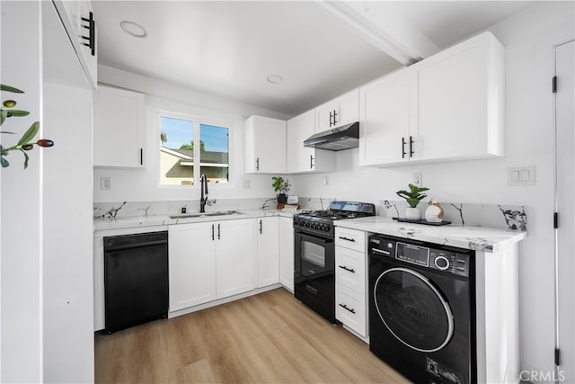 6131 Chickasaw Dr, Westminster, CA 92683 - kitchen featuring black appliances, washer / clothes dryer, a sink, under cabinet range hood, and light wood finished floors