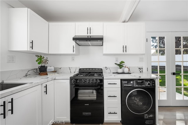 6131 Chickasaw Dr, Westminster, CA 92683 - kitchen featuring gas stove, washer / clothes dryer, under cabinet range hood, light stone counters, and white cabinets