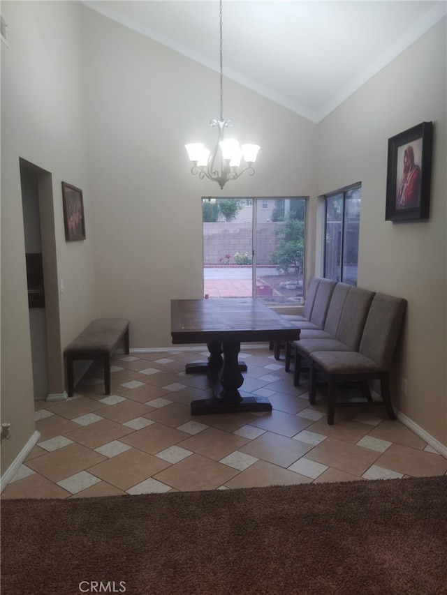10228 Via Pavon, Moreno Valley, CA 92557 - dining space with a chandelier, high vaulted ceiling, baseboards, ornamental molding, and light carpet