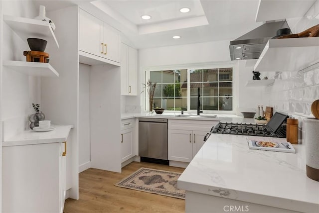 8 Galanto, Irvine, CA 92614 - kitchen with open shelves, a sink, dishwasher, light wood-type flooring, and recessed lighting