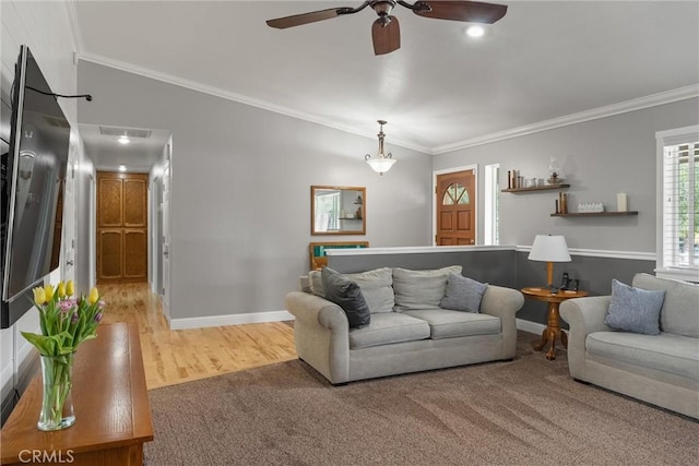 40 Gunter Ln, Oroville, CA 95966 - living room featuring ceiling fan, ornamental molding, lofted ceiling, baseboards, and light wood finished floors