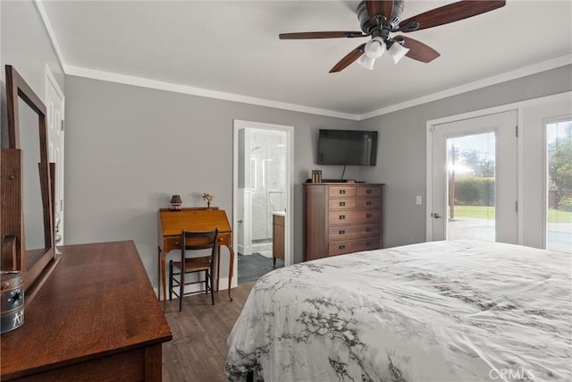 40 Gunter Ln, Oroville, CA 95966 - bedroom featuring access to exterior, dark wood-style flooring, crown molding, connected bathroom, and a ceiling fan