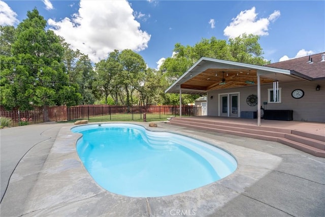 40 Gunter Ln, Oroville, CA 95966 - view of swimming pool with a fenced backyard, a patio area, french doors, and ceiling fan
