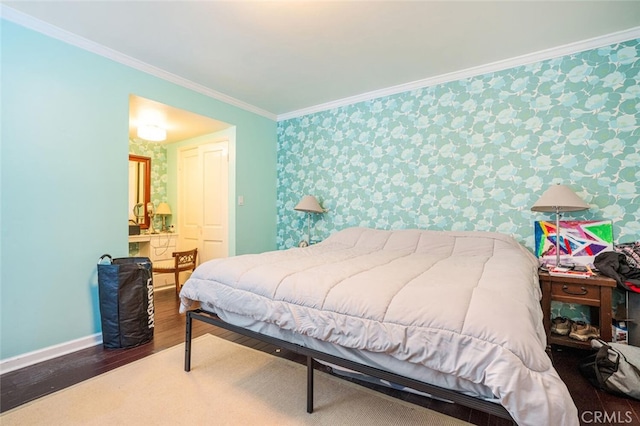 6616 Langdon Ave, Van Nuys, CA 91406 - bedroom with wallpapered walls, baseboards, wood finished floors, and crown molding