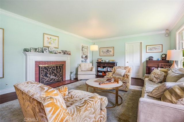 6616 Langdon Ave, Van Nuys, CA 91406 - living area with crown molding, wood finished floors, a fireplace, baseboards, and built in shelves
