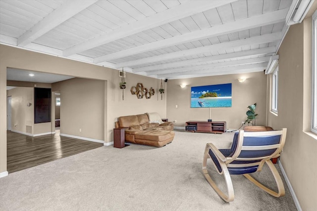 7977 Pala St, San Diego, CA 92114 - living area featuring carpet and a wood ceiling with exposed beams