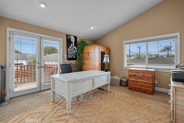1304 Harkness St, Manhattan Beach, CA 90266 - home office featuring lofted ceiling, french doors, light colored carpet, and recessed lighting