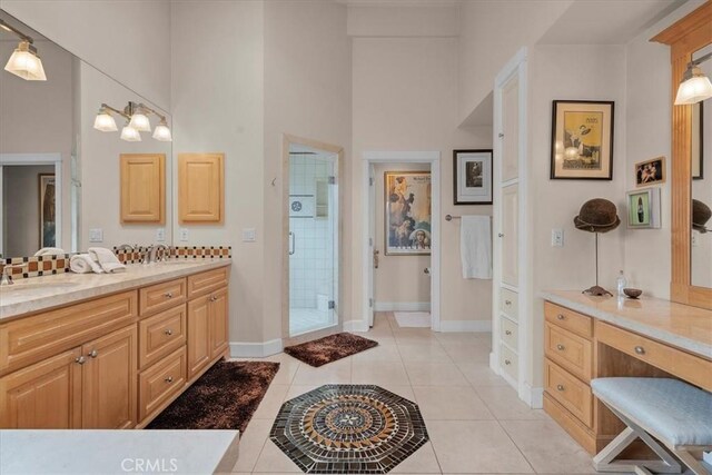 1304 Harkness St, Manhattan Beach, CA 90266 - bathroom featuring a shower stall, a towering ceiling, tile patterned floors, vanity, and baseboards