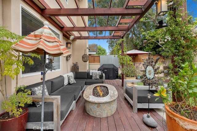 1304 Harkness St, Manhattan Beach, CA 90266 - wooden deck with an outdoor living space with a fire pit, fence, a pergola, and grilling area