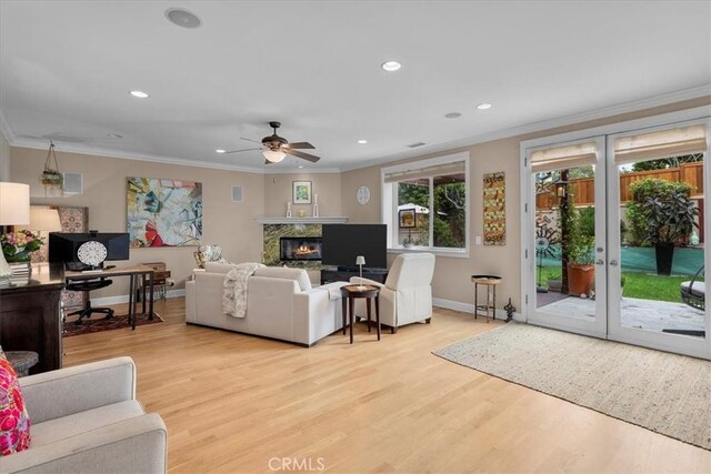 1304 Harkness St, Manhattan Beach, CA 90266 - living area with baseboards, ornamental molding, light wood finished floors, a ceiling fan, and recessed lighting