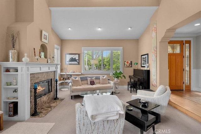 1304 Harkness St, Manhattan Beach, CA 90266 - living area with a high end fireplace, carpet, and recessed lighting