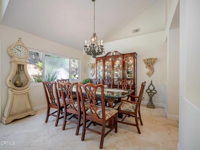 2956 Wauneta St, Newbury Park, CA 91320 - dining space with a chandelier, baseboards, light tile patterned floors, and high vaulted ceiling
