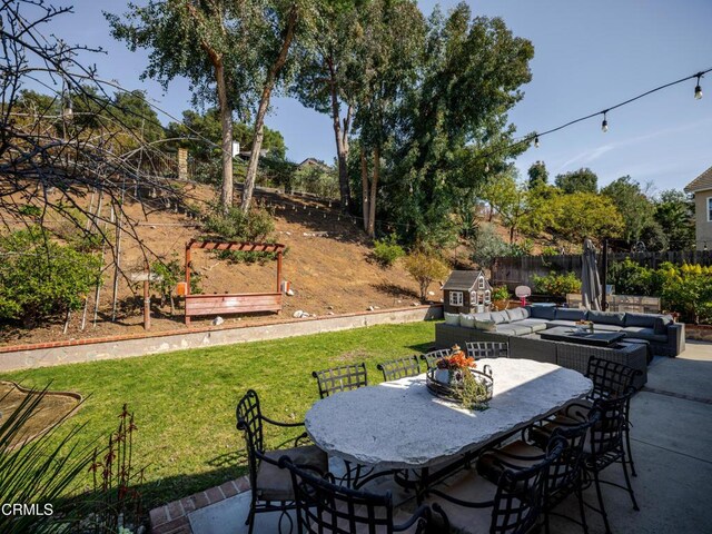 2956 Wauneta St, Newbury Park, CA 91320 - view of patio / terrace featuring a shed, outdoor dining space, an outbuilding, and an outdoor living space