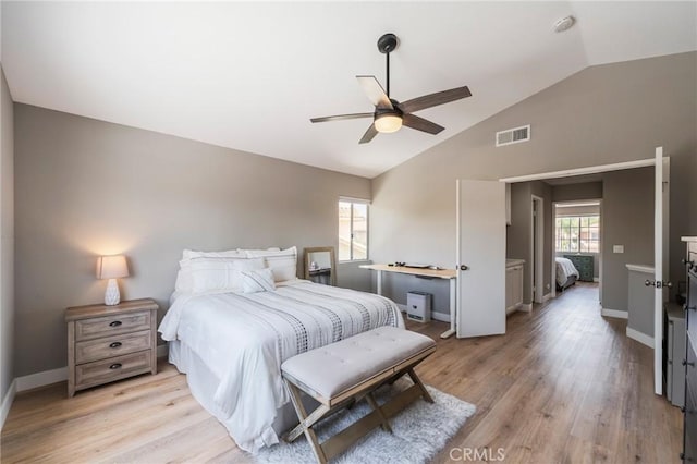 27483 Dandelion Ct, Temecula, CA 92591 - bedroom featuring lofted ceiling, light wood-type flooring, baseboards, and a ceiling fan
