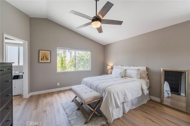 27483 Dandelion Ct, Temecula, CA 92591 - bedroom featuring vaulted ceiling, light wood-type flooring, baseboards, and ceiling fan