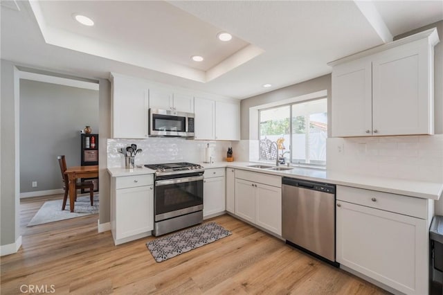 27483 Dandelion Ct, Temecula, CA 92591 - kitchen featuring appliances with stainless steel finishes, a sink, recessed lighting, a raised ceiling, and tasteful backsplash