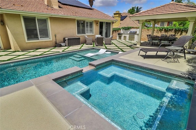 536 Granite Hills St, Simi Valley, CA 93065 - view of pool with exterior kitchen, outdoor dining space, a gazebo, a pool with connected hot tub, and a patio area