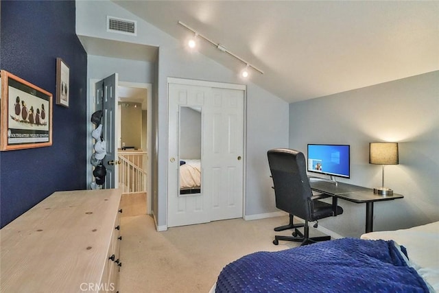 536 Granite Hills St, Simi Valley, CA 93065 - carpeted bedroom with track lighting, lofted ceiling, baseboards, and a desk