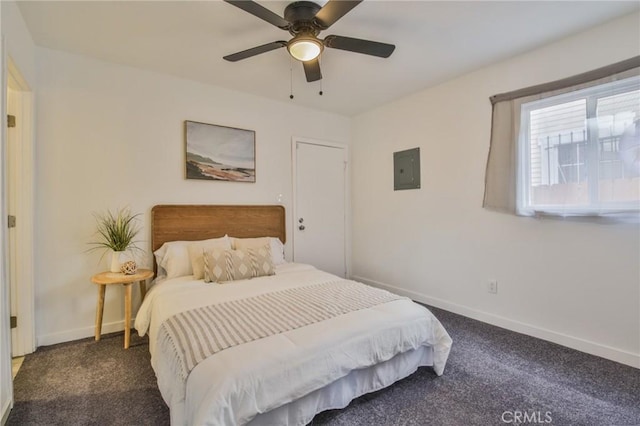 1327 Exposition Blvd, Los Angeles, CA 90018 - bedroom with baseboards, dark carpet, electric panel, and a ceiling fan