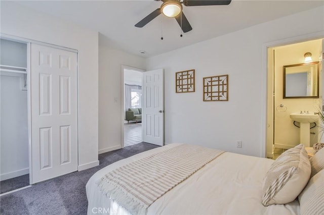 1327 Exposition Blvd, Los Angeles, CA 90018 - carpeted bedroom with connected bathroom, a closet, baseboards, a sink, and a ceiling fan