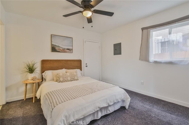 1327 Exposition Blvd, Los Angeles, CA 90018 - bedroom with baseboards, dark carpet, electric panel, and ceiling fan