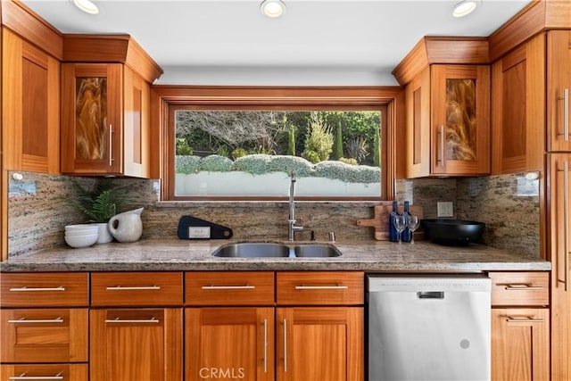 1961 San Remo Dr, Laguna Beach, CA 92651 - kitchen with dishwasher, a sink, brown cabinetry, light stone counters, and recessed lighting