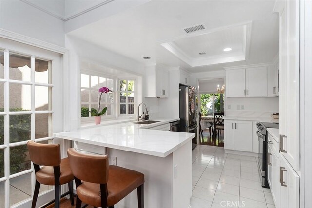 18 Blazing Star, Irvine, CA 92604 - kitchen featuring a sink, appliances with stainless steel finishes, a peninsula, a raised ceiling, and light tile patterned floors