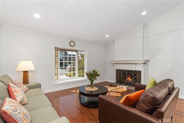18 Blazing Star, Irvine, CA 92604 - living room featuring wood finished floors, vaulted ceiling, a lit fireplace, baseboards, and recessed lighting