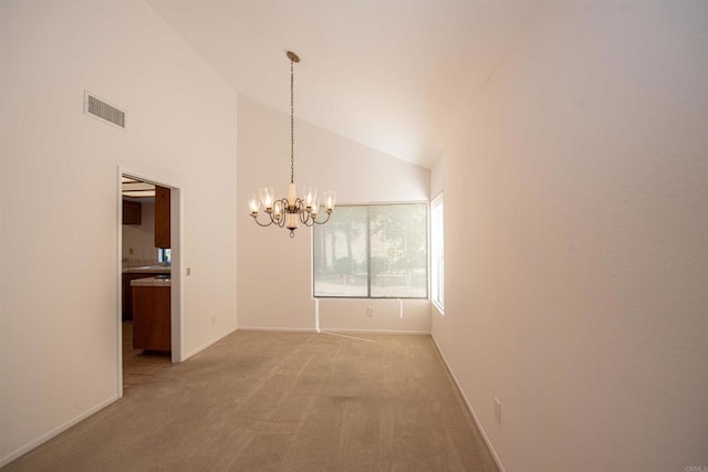 2432 Live Oak Rd, Escondido, CA 92029 - empty room with a chandelier, light colored carpet, high vaulted ceiling, and baseboards