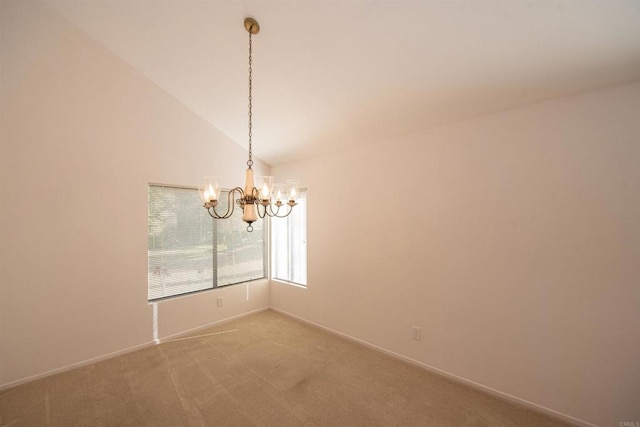 2432 Live Oak Rd, Escondido, CA 92029 - empty room with a chandelier, lofted ceiling, light colored carpet, and baseboards