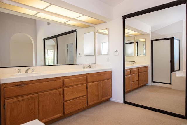 2432 Live Oak Rd, Escondido, CA 92029 - bathroom featuring a stall shower, double vanity, and carpet flooring