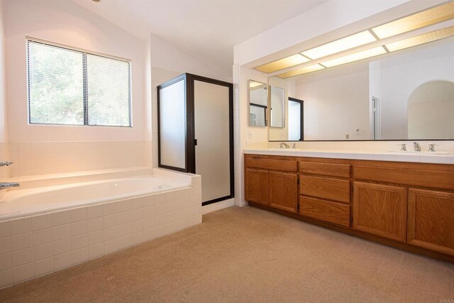 2432 Live Oak Rd, Escondido, CA 92029 - bathroom with a shower stall, carpet flooring, double vanity, a garden tub, and vaulted ceiling