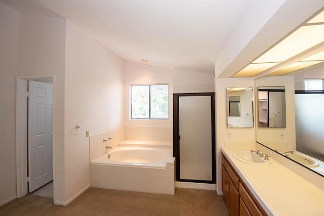 2432 Live Oak Rd, Escondido, CA 92029 - bathroom featuring lofted ceiling, a garden tub, vanity, a shower stall, and baseboards