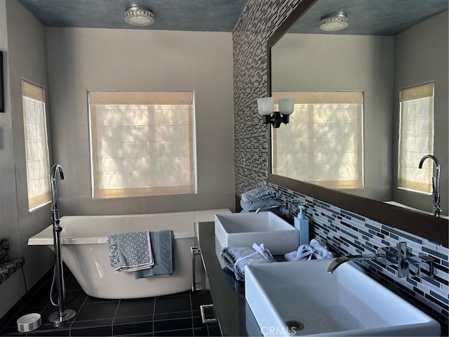 28856 Yosemite Pl, Canyon Lake, CA 92587 - bathroom with tile patterned flooring, a soaking tub, decorative backsplash, and vanity