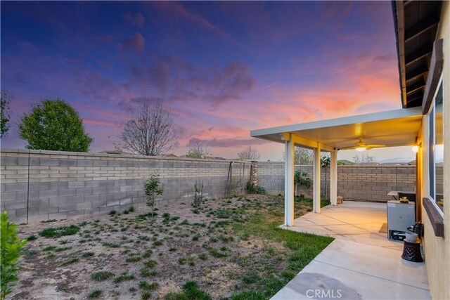 yard at dusk with a patio and a fenced backyard