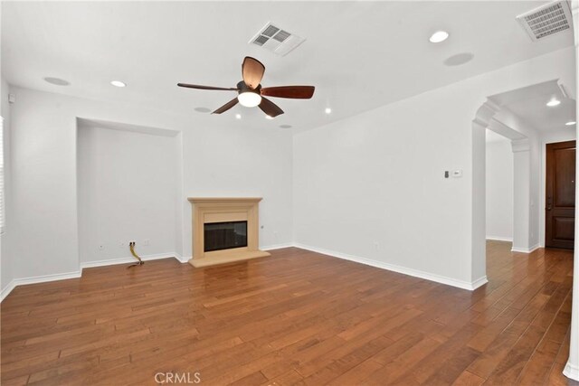 5176 Glenview St, Chino Hills, CA 91709 - unfurnished living room with a ceiling fan, wood finished floors, recessed lighting, a glass covered fireplace, and baseboards