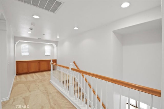 5176 Glenview St, Chino Hills, CA 91709 - hall featuring an upstairs landing, recessed lighting, light carpet, and baseboards