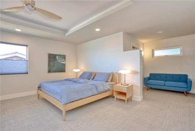 1850 Laurel Pl, Cambria, CA 93428 - carpeted bedroom with multiple windows, recessed lighting, a raised ceiling, and ceiling fan