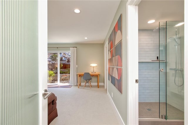 1850 Laurel Pl, Cambria, CA 93428 - hall with a desk, carpet, recessed lighting, and baseboards