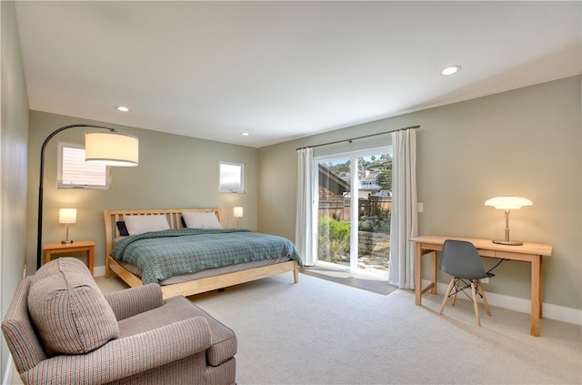 1850 Laurel Pl, Cambria, CA 93428 - carpeted bedroom with baseboards, access to outside, recessed lighting, and an office area
