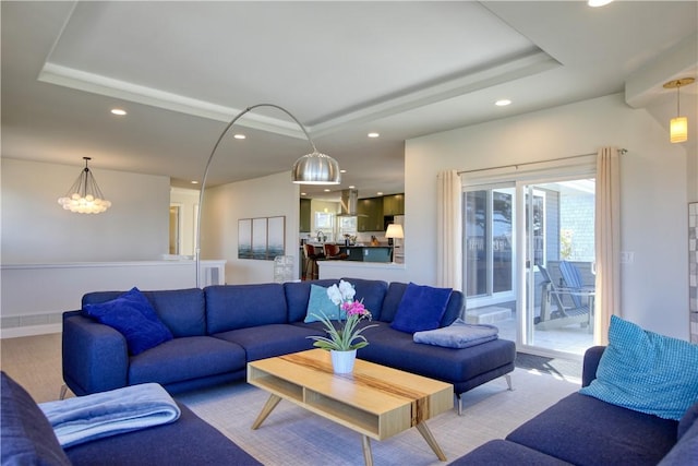 1850 Laurel Pl, Cambria, CA 93428 - living area with recessed lighting, a tray ceiling, and a chandelier