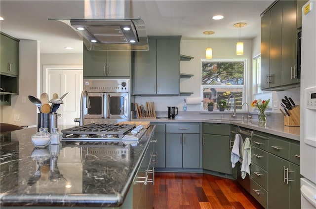 1850 Laurel Pl, Cambria, CA 93428 - kitchen featuring open shelves, appliances with stainless steel finishes, a sink, recessed lighting, and range hood