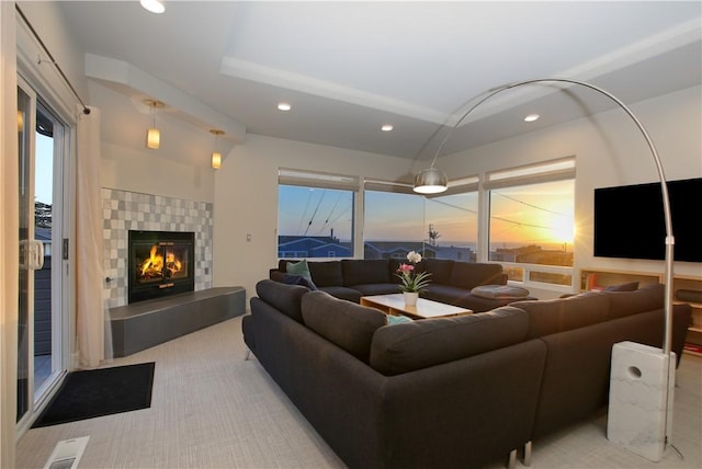 1850 Laurel Pl, Cambria, CA 93428 - carpeted living room featuring recessed lighting, a tiled fireplace, and healthy amount of natural light
