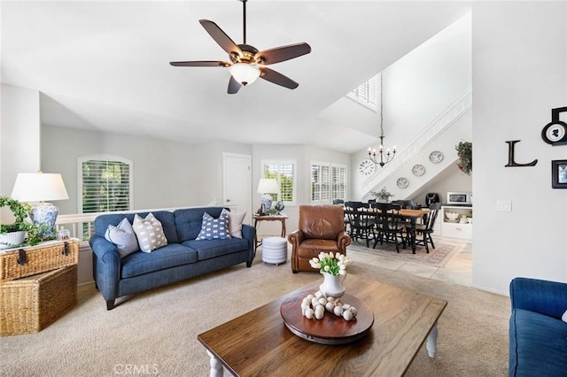 69 Cloudcrest, Aliso Viejo, CA 92656 - living area with light carpet, a chandelier, and ceiling fan