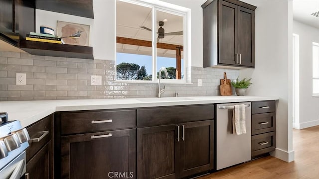 2822 Mariposa Ave, Chico, CA 95973 - kitchen with stainless steel dishwasher, dark brown cabinetry, open shelves, a sink, and light countertops