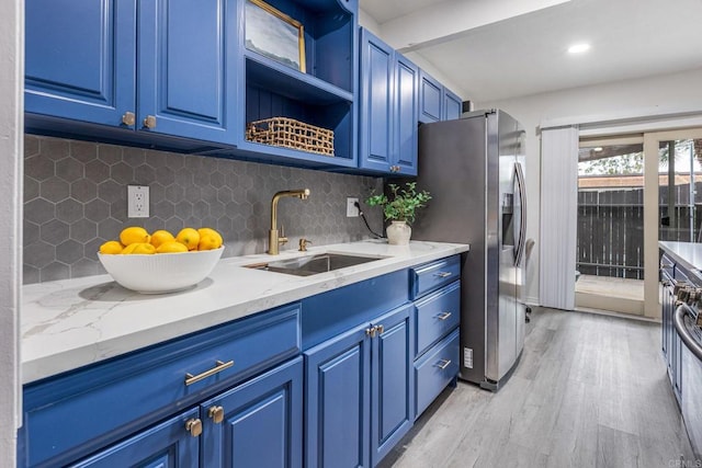 2929 Fire Mountain Dr Unit 9, Oceanside, CA 92054 - kitchen featuring a sink, blue cabinets, light wood finished floors, decorative backsplash, and recessed lighting